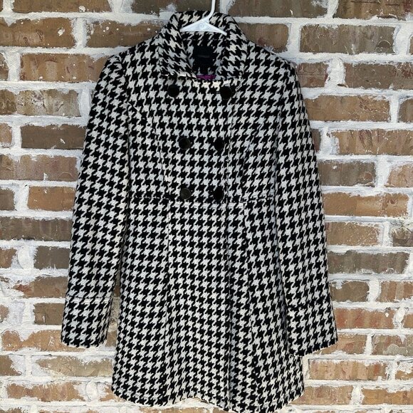 Express Pea Coat Wool Blend Houndstooth White Black Y2K Women's Size S‎ New - Picture 1 of 12